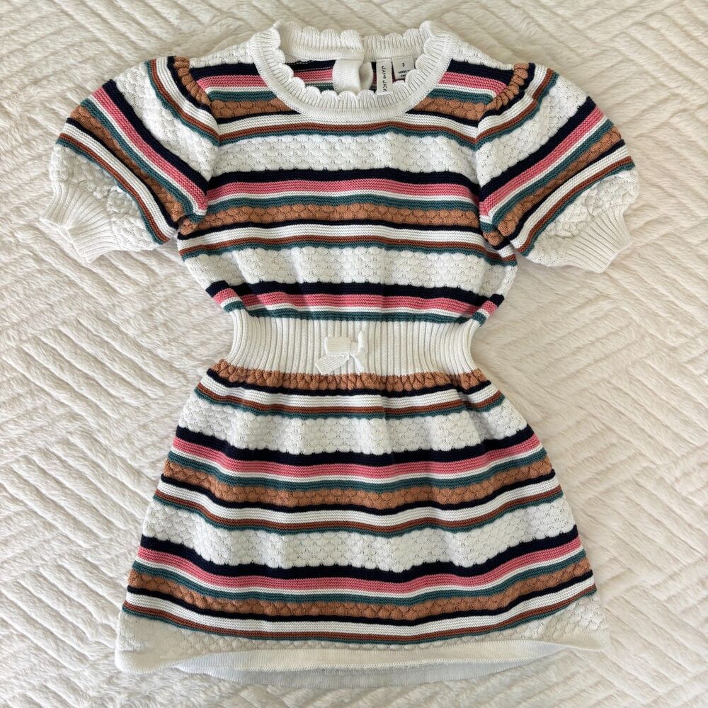 Janie and Jack Size 3 Girls Striped Pointelle Knit Puff Sleeve Sweater Dress